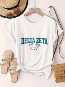 Delta Zeta Est 1902 Michigan Camiseta Casual Estampada de Moda para Mujer, Adecuada para Todas las Temporadas  
 -Blanco - Blanco - Ver 2