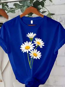 Classic Plus Size - Talla Grande - Camiseta con diseño de flores de margarita verde, adecuada para mujeres de talla grande, una elección perfecta para ropa casual de verano con mangas cortas y un diseño floral fresco. Camiseta de cuello redondo con diseño moderno, perfecta para usar en verano y otoño. Éxito de . - Azul - Ver 1