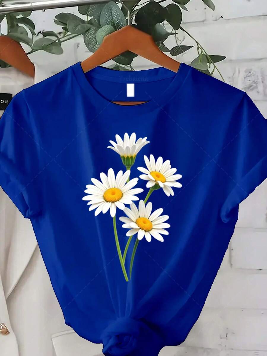 Classic Plus Size - Talla Grande - Camiseta con diseño de flores de margarita verde, adecuada para mujeres de talla grande, una elección perfecta para ropa casual de verano con mangas cortas y un diseño floral fresco. Camiseta de cuello redondo con diseño moderno, perfecta para usar en verano y otoño. Éxito de . - Azul - Ver 1