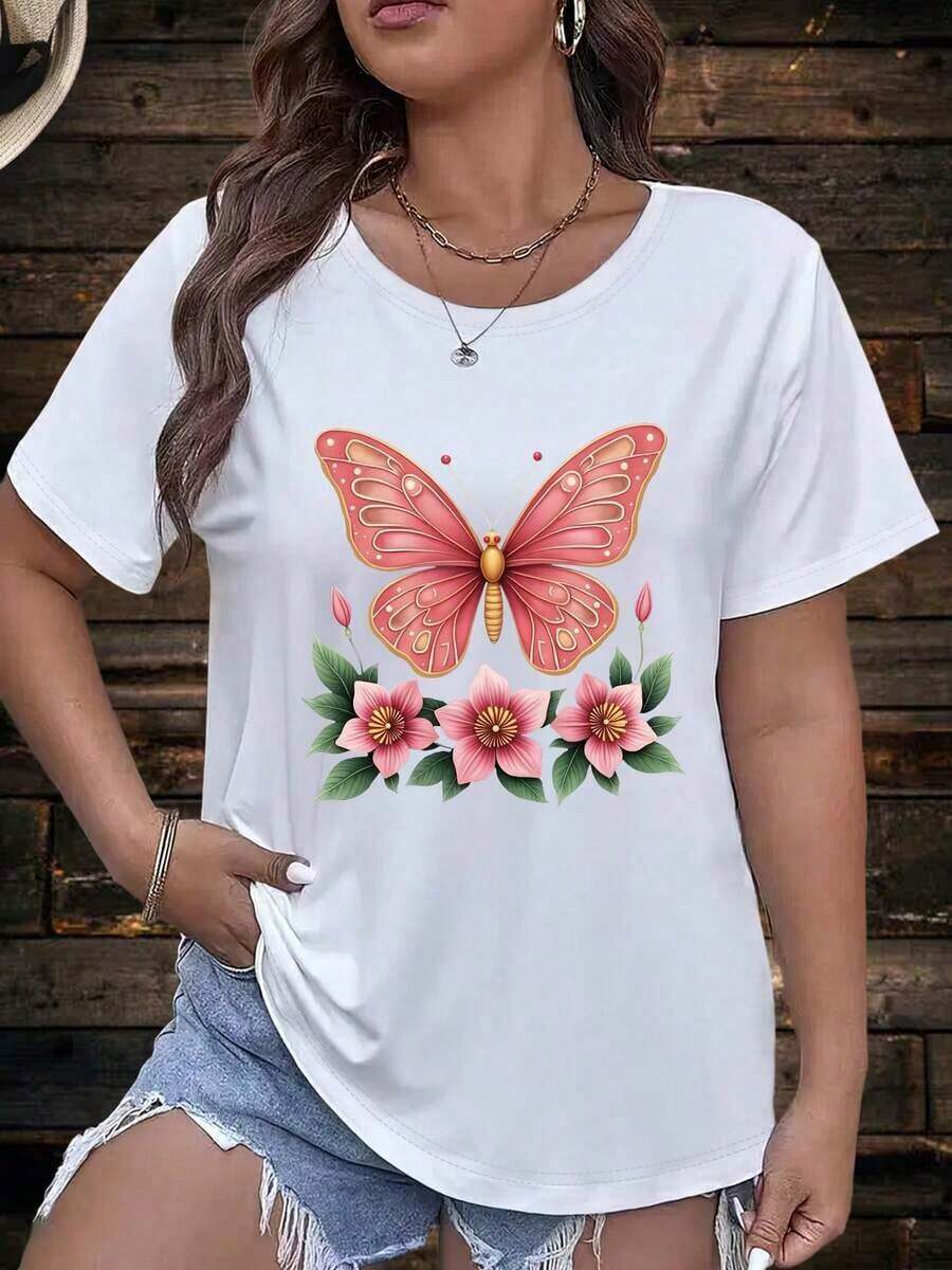 1 Piece Of Women's Summer T-Shirt - Plus Size Casual T-Shirt With Butterfly Floral Print - Short Sleeve, Round Neck, Loose Fit, Machine Washable, Comfortable For All Seasons, Feminine Style, Soft Fabric. Full Body Coverage. 100% Cotton - 白色 - 查看 1