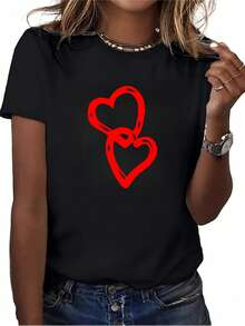 Camiseta Clásica de Talla Grande para Mujer con Estampado de Corazón Rojo - Top de manga corta y cuello redondo para verano, hecha de tela suave y de elasticidad media, perfecta para conjuntos de San Valentín, adecuada tanto para citas como para uso casual diario. Éxito de . - Negro - Ver 7