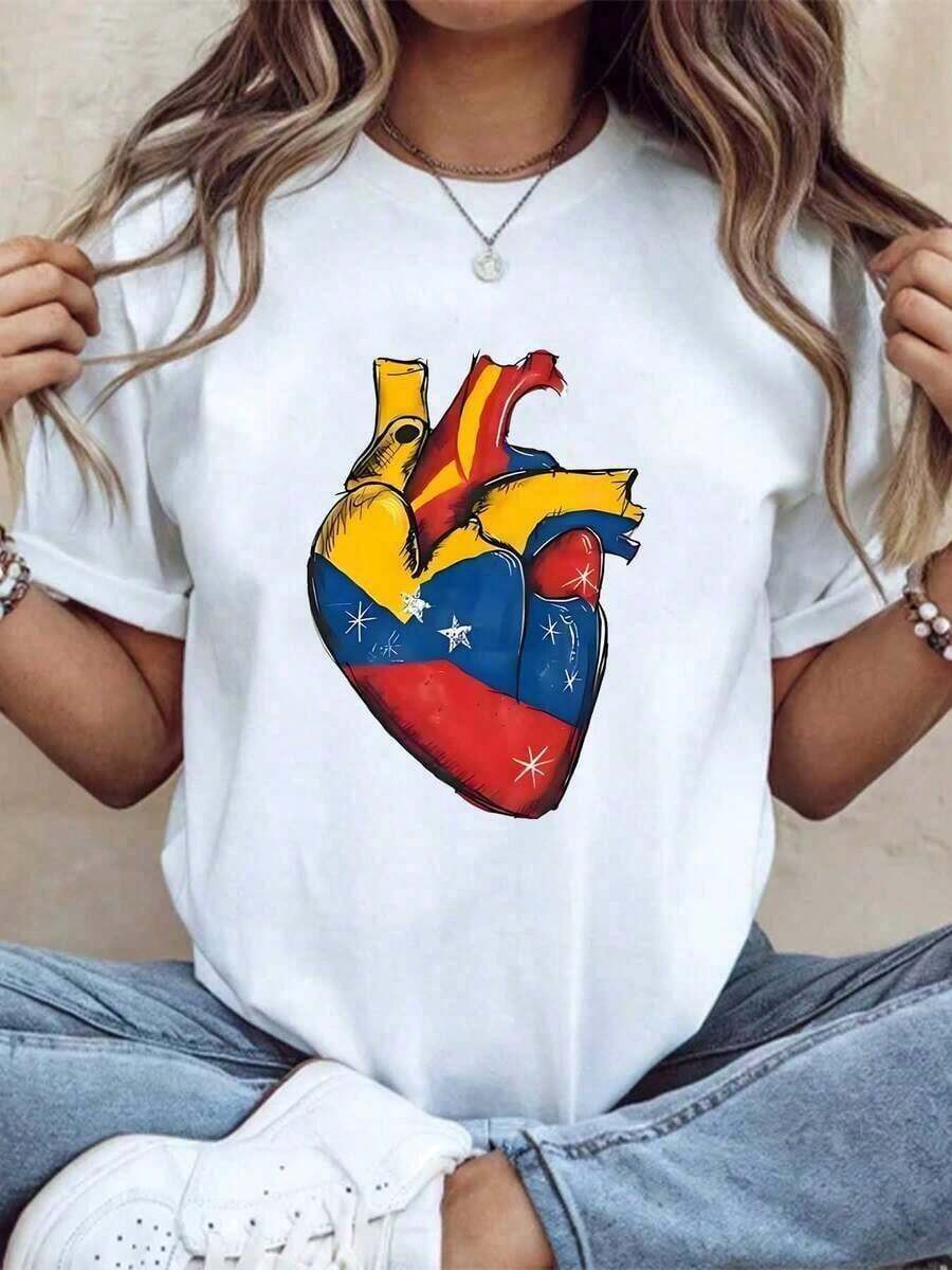 Fashion Printed T‑Shirts for Women, Oversized Streetwear Tops, Comfortable and Stylish All‑Match Summer Tees1 pieza Camiseta de ta grande para mujeres VenezuelaS con estampado gráfico, manga corta, cuello redondo, de algodón, lavable a máquina, 180g, algodón suave - Blanco - Ver 1