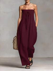 Nueva colección primavera mono sin tirantes strapless con lazos ajustables diseño fruncido elegante moda  estilo europeo para mujer - Burdeos - Ver 2