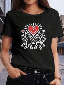 1 pieza de camiseta para mujer con estampado "Love From The Cat", suave y transpirable, elasticidad media, lavable a máquina, camiseta de cuello redondo estampada, ropa de mujer, ropa casual de manga corta, 180g 100% algodón, los patrones son todos estampados. Unisexo. - Negro - Ver 1