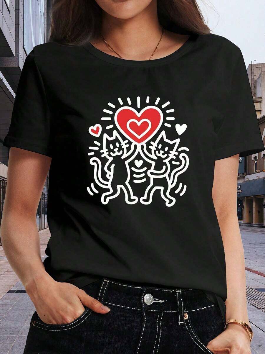 1 pieza de camiseta para mujer con estampado "Love From The Cat", suave y transpirable, elasticidad media, lavable a máquina, camiseta de cuello redondo estampada, ropa de mujer, ropa casual de manga corta, 180g 100% algodón, los patrones son todos estampados. Unisexo. - Negro - Ver 1