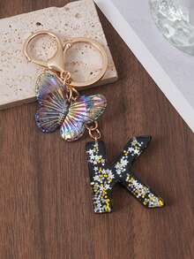 1pc A-Z Black Glitter Letter & Butterfly Keychain, Initial Resin Keyring, Holographic Butterfly Bag Charm, Car Key Accessory, Fashion Aesthetic Gift For Girls - Black - View 18