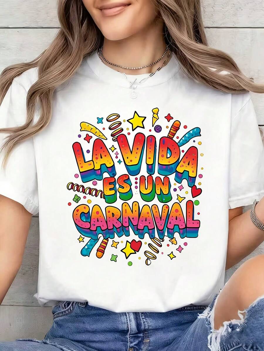 Women's Limited Edition Carnival T-Shirt | Colorful Carnival Letter Print T-Shirt - Spring/Summer, Soft, Breathable, Short Sleeve, Crew Neck, Casual Style, Machine Washable, Regular Fit | Machine Washable, Ideal For Gifting To Friends. | Party Outfit Sets | 100% Cotton Carnival Essential Outfit - 白色 - 查看 1