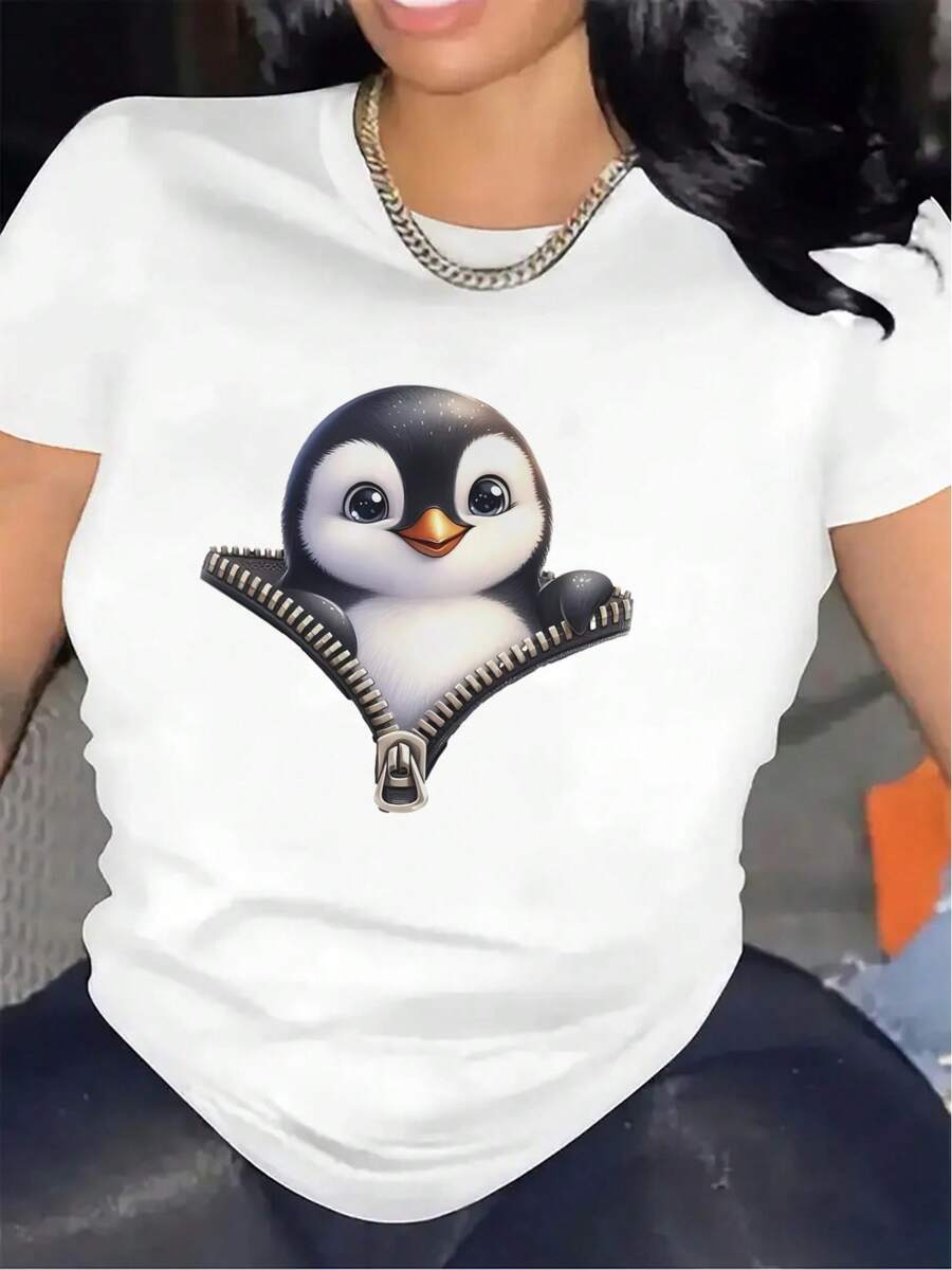 Camiseta de manga corta con diseño de pingüino | Duradero, ajuste cómodo, elegante detalle de cremallera, adecuado para ocasiones informales, ligero y transpirable, cuello redondo, estampado, 100% algodón. - Blanco - Ver 1