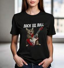 Playera de mujer 100% algodón manga corta con estampado de gato rock chic para verano - Negro - Ver 1