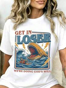 1 Piece "Get In Loser Were Doing Gods Will" T-Shirt With Jonah And The Whale Design, Funny Graphic Tee With Religious Humor For Men, Women, Unisex, Casual Wear, Gift For Christians, 180g, 100% Cotton. - 黑色 - 查看 7
