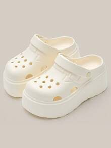 9cm Platform Women's Summer Outdoor Slip-On Sandals, Thick Sole Closed Toe Beach Slides, Solid Color Garden Shoes - White - View 3