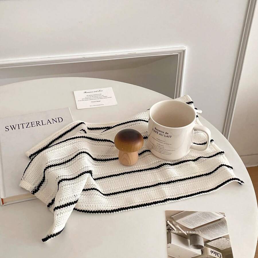 1/2/6pcs Classic Nordic Style Black & White Striped Placemats, Hollow-Out Fabric Napkins & Decorative Tablecloths - White - View 1