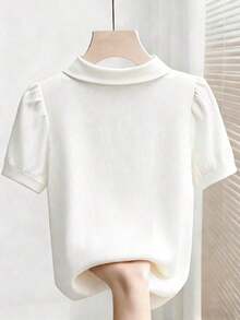 Camiseta casual romántica de unicolor y elegante estilo de ciudad para mujeres - Blanco - Ver 2