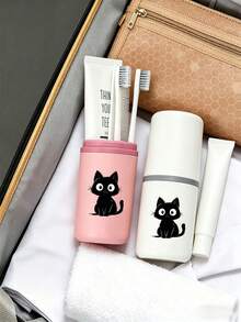 Organizador de baño todo en uno | Hecho de material PP duradero, anti-caída y de larga duración. El diseño llamativo presenta un lindo patrón de gato, con una taza de enjuague desmontable para una higiene diaria conveniente. El interior espacioso puede organizar varios artículos de tocador, incluidos pasta de dientes, peines, maquinillas de afeitar, convirtiéndolo en un elemento esencial para el hogar y los viajes. - Multicolor - Ver 2