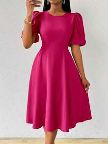 Vestido verde de manga abullonada larga, cuello en V, cintura recogida y bajo acampanado, para primavera y verano - Rosa Fucsia - Ver 4
