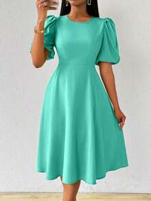 Vestido verde de manga abullonada larga, cuello en V, cintura recogida y bajo acampanado, para primavera y verano - verde menta - Ver 4