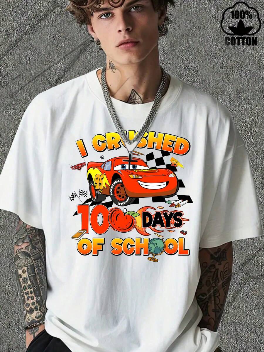 Disney Cars Lightning McQueen 100 Days Of School Graphic T-Shirt, Casual Cartoon Style, Ultra Soft & Breathable Fabric, Perfect For 100th Day Celebration, Neutral Unisex Tee - trắng - Xem 1