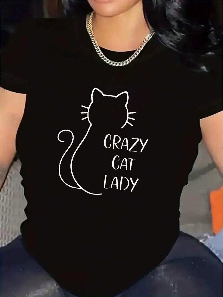 Premium Women's Short Sleeve T-Shirt With A Crazy Kitten Design In White, Made From A Lightweight And Durable Material, Perfect For Lounging At Home Or Going Out To Dinner, Comfortable, Stylish And Cute. New Arrival - 黑色 - 查看 1