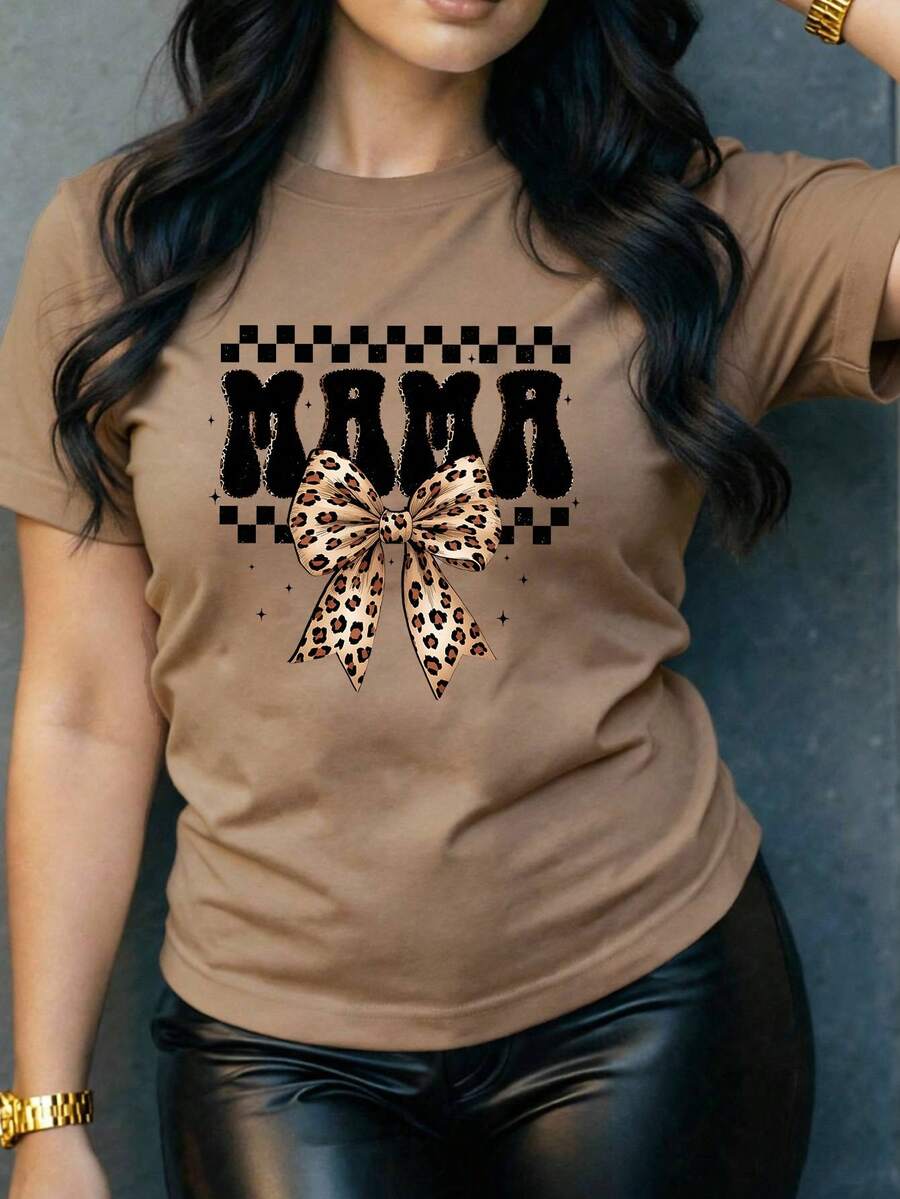 Camiseta oversize marrón de verano para mujer con estampado "Mama" mixto y lazo occidental Playera holgada de cuello redondo con diseño de letras "Mama" con estampados animales y lazo - YH379-Marrón - Ver 1