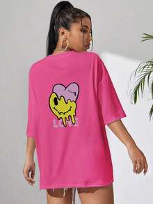 Off-The-Shoulder T-Shirt With Letter And Cartoon Print - Hot Pink - View 2