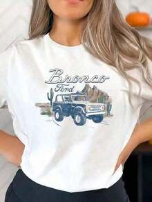 Women's Clothing White Short Sleeve Crew Neck T-Shirt, Simple Print, Casual Desert Landscape Design, For Bronco SUV, For Outdoor Activities, Ideal For Daily Wear And Vacations, Heavy Cotton 100% Graphic Tees, Sizes S-3XL For Women, Women's Shirts - 白色 - 查看 1