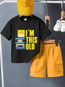 Bộ đồ 2 món cho bé trai tuổi teen, phong cách retro, áo thun cổ tròn tay ngắn in chữ tiếng Anh + quần short cargo thoải mái, đơn giản, thích hợp cho mùa hè. Bộ đồ mới cho bé trai. - Nhiều màu - Xem 3