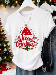 Colorful Christmas Print T-Shirt, Perfect For This Season, Modern, Loose Fit, Round Neck, Short Sleeves, Ideal For Seasonal Parties And Everyday Wear, Perfect For The Whole Family - 白色的 - 查看 1