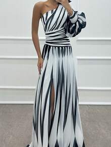 Off-The-Shoulder Print Dress With A Casual Slit For Everyday Wear - 白色 - 查看 3