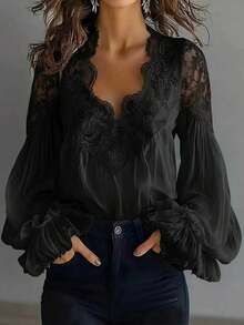 Plus Size Women's Lace Trim V-Neck Blouse, Long Sleeve Ruffle Cuff Chiffon Top - Black - View 1