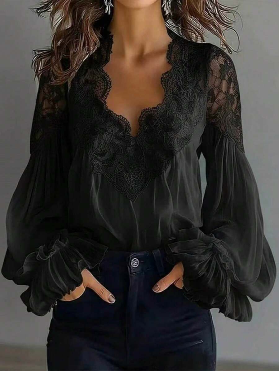 Plus Size Women's Lace Trim V-Neck Blouse, Long Sleeve Ruffle Cuff Chiffon Top - Black - View 1