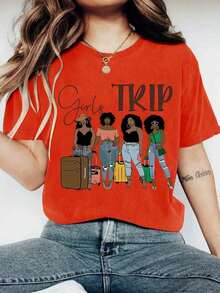 GIRLS TRIP Letter Print Crew Neck T-Shirt, Casual Short Sleeve Top For Spring And Summer, Women's Clothing, 1 Piece, 200gsm, Polyester Knit Fabric With Crew Neck - 紅色 - 查看 6