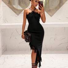 Slayr Women's Elegant Solid Color Lace Patchwork Asymmetric Hem Dress, Summer,Black Dress For Women - Negro - Ver 1