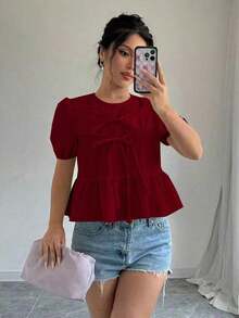 Blusa con volantes y mangas abullonadas con lazo en la parte delantera - Burdeos - Ver 5