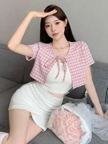Camiseta de manga corta con nudo delantero y estampado de cuadros, top corto para mujeres - Rosa - Ver 3