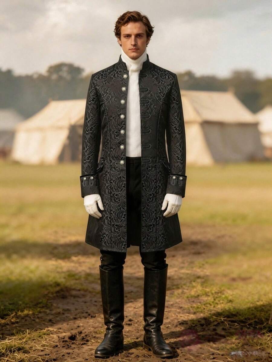 Halloween Medieval New Men's Stand Collar British Style Performance Costume Coat Jacket Mid-Length Outerwear Ball Costume - Black - View 1