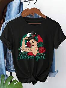 Talla Grande - Talla Grande - Camiseta Gráfica con Charm Italiano para Mujer | Camiseta Casual Negra de Manga Corta con Rosas y Diseño de la Bandera Italiana, Cuello Redondo, Ligerarrimavera/Verano - Negro - Ver 2