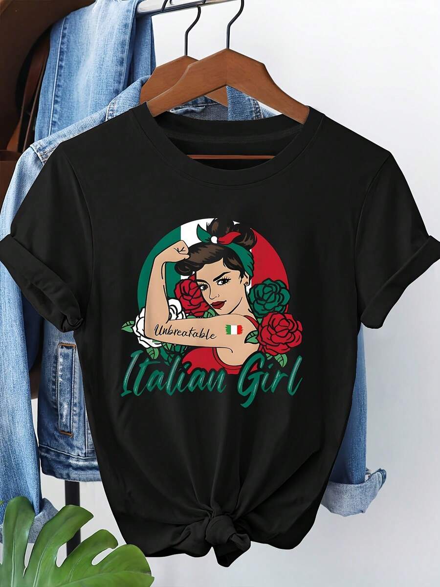 Talla Grande - Talla Grande - Camiseta Gráfica con Charm Italiano para Mujer | Camiseta Casual Negra de Manga Corta con Rosas y Diseño de la Bandera Italiana, Cuello Redondo, Ligerarrimavera/Verano