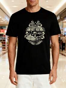 Unisex T-Shirt Made Of Pure Cotton, Men's Black Crew Neck T-Shirt With The Following Features: Vintage Hot Rod Badge Print In Rockabilly Style, Summer T-Shirt, Summer Clothing For Women, Men's Summer Outfit, Women's Shirt, Creative Design, Outdoor Play, Cool Style, Fun Design, Great For Outdoor Play - Black - View 1