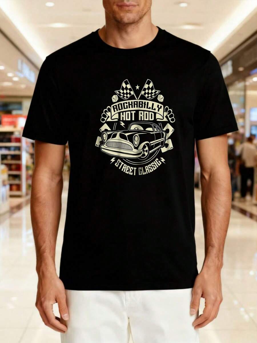 Unisex T-Shirt Made Of Pure Cotton, Men's Black Crew Neck T-Shirt With The Following Features: Vintage Hot Rod Badge Print In Rockabilly Style, Summer T-Shirt, Summer Clothing For Women, Men's Summer Outfit, Women's Shirt, Creative Design, Outdoor Play, Cool Style, Fun Design, Great For Outdoor Play - Black - View 1