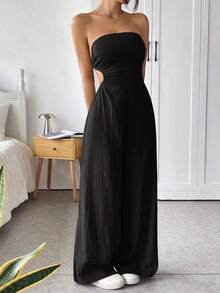 Mono de pierna ancha informal de mujer de talla grande, de algodón, con tirantes finos y espalda descubierta, para verano - Negro - Ver 4
