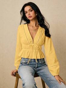 Camisa casual de mujer de unicolor con cuello en V y detalle de nudo en la parte delantera, de manga larga - Amarillo - Ver 3
