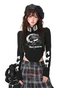 ハーフハイネック Tシャツ 長袖 レディース ショート丈 蝶プリント ギャル 着痩せ インナー ボディスーツ トップス スリムフィット 美シルエット 伸縮性 動きやすい デイリー デート ライブ フェス ストリート 個性的  夏 秋 肌見せコーデ タックイン不要 楽ちん - ブラック - チェックする 8
