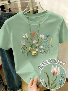Camiseta de algodón 100% cómoda con bordado de flores silvestres oversize, camiseta bordada con flores, camiseta de cuello redondo y manga corta para el verano - Multicolor 4 - Ver 6