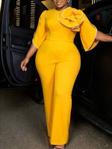 Plus Size Slim Fit Jumpsuit, O-Neck Short Flare Sleeve, 3D Floral Pearl Chain, High Waist Wide Leg Pants, Elegant Commute Business Party Occasions - Yellow - View 5