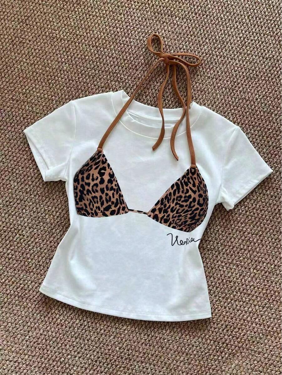 Camiseta de manga corta de verano casual y de vacaciones con diseño de patchwork para mujer - Negro 2 - Ver 1