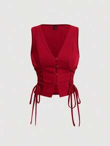 Parte superior de tirantes cruzados con botones de color rojo para mujer, ideal para el verano - Rojo - Ver 6