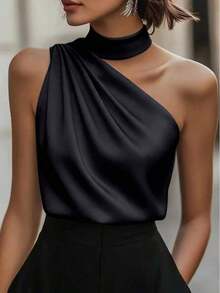 1 pieza Blusa elegante sin mangas de satén de unicolor con volantes asimétricos/asimétricos, adecuada para verano, vacaciones, oficina, hogar, uso diario, fiesta de cumpleaños, eventos formales y casuales - Negro - Ver 1