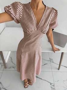 Vestido de mujer elegante y de moda de longitud media con cuello en V a rayas - Marrón - Ver 5