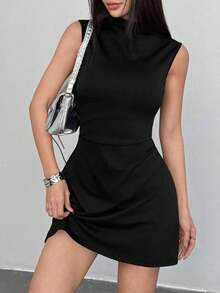 Vestido casual de mujer de un solo color, de corte delgado y sin mangas, primavera - Negro - Ver 6