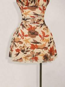 Vestido mini plisado con estampado de hoja de arce vintage para mujer, adecuado para vacaciones de verano y ropa de vuelta al colegio - Multicolor 5 - Ver 5